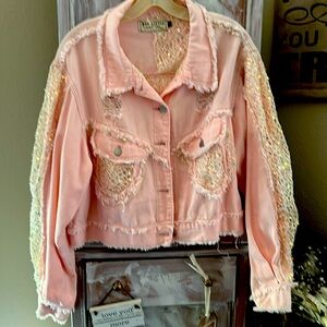 Beautiful Jean jacket pink with lace and distressing beautiful jacket. 23 Ptp